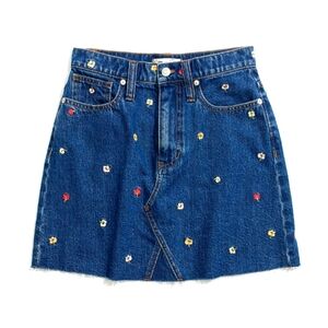 Madewell Rigid Blue Denim A-Line Mini Skirt Floral Embroidered, size 26